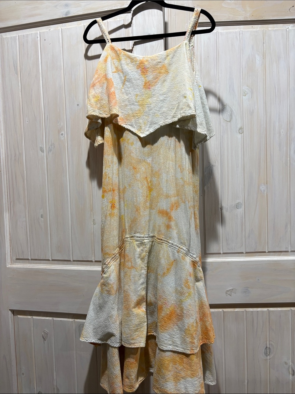 Women’s Yellow Tie-Dye Ruffle Maxi Dress with Spaghetti Straps